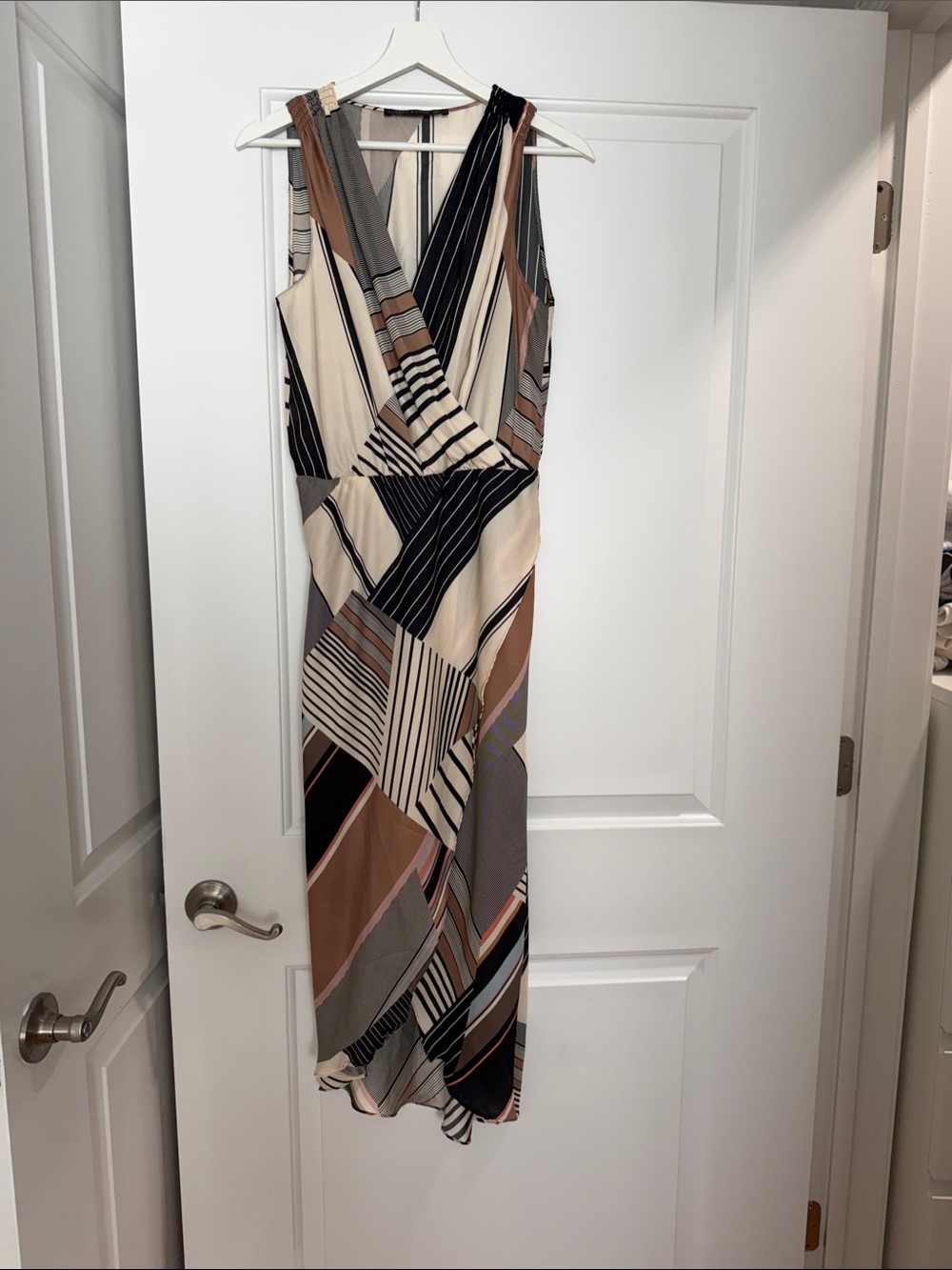 Zara Sleeveless Midi Dress in Cream, Black and Brown Geometric Print